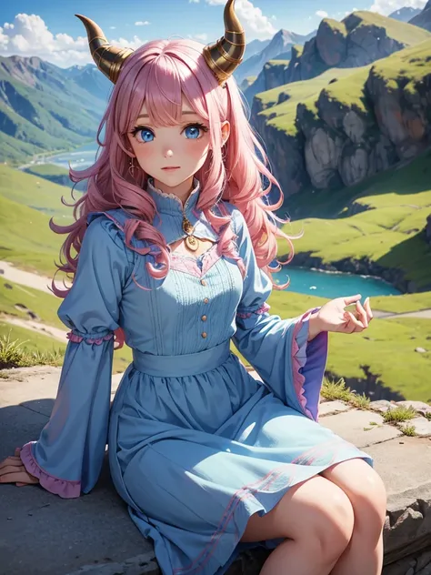 Young woman, pink, curly hair, small horns, Blue eyes, blue middle dress with sleeves, in the mountains, pit weather, modest pose