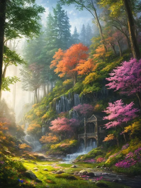 masterpiece, best quality, high quality,extremely detailed CG unity 8k wallpaper, An enchanting and dreamy scene of a fantasy forest, with towering trees, glowing mushrooms, and hidden fairy glens, creating a sense of mystique and enchantment, artstation, ...