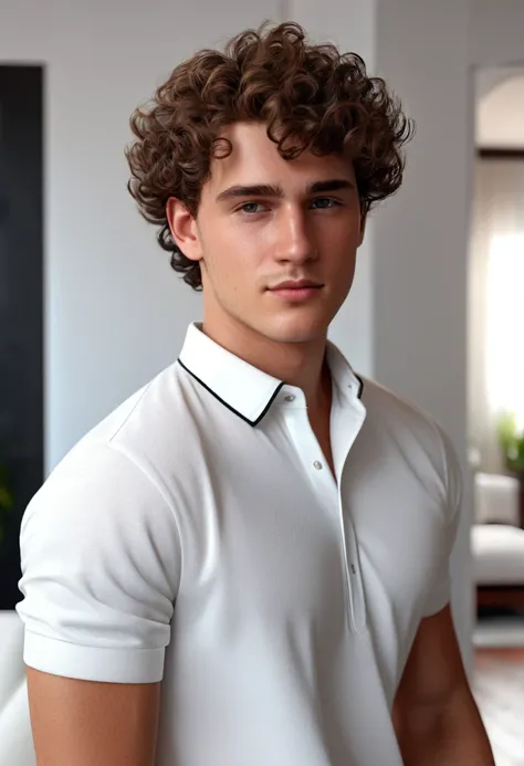 a young man with short curly brown hair, clean-shaven, no eyebrows, wearing a white shirt and black pants, in a luxurious apartment, realistic, high quality, 8k, masterpiece, ultra-detailed, sharp focus, physically-based rendering, vivid colors, studio lig...