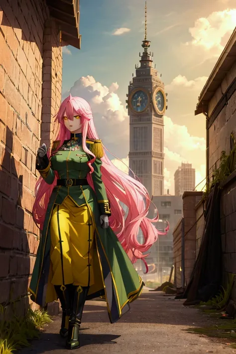 a woman with long pink hair,yellow eyes,green military uniform,evil expression,destroying city in background,photorealistic,8k,masterpiece,ultra-detailed,physically-based rendering,vivid colors,HDR,sharp focus,studio lighting,concept art