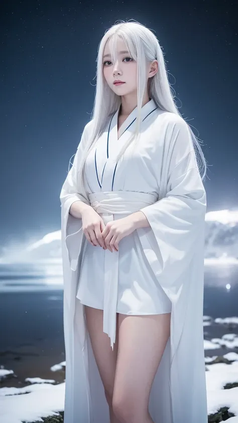 Delicate and dainty young woman with long glossy white hair. She is wearing a white only short thigh-baring kimono. The background is a fantastic and ethereal night sky with a heavy snowstorm. Her expression is stern and atmospheric.