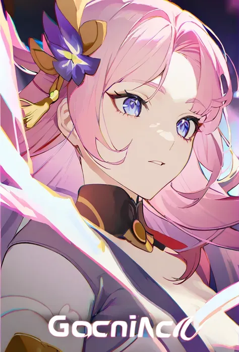 woman, pink hair, blue eyes, long hair, open forehead, no bangs, Raiden Ei clothes from genshin impact