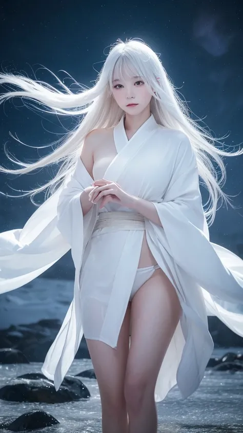 Delicate and dainty young woman with long glossy white hair. She is wearing a white only short thigh-baring kimono. The background is a fantastic and ethereal night sky with a heavy snowstorm. Her expression is stern and atmospheric.　Strong winds.