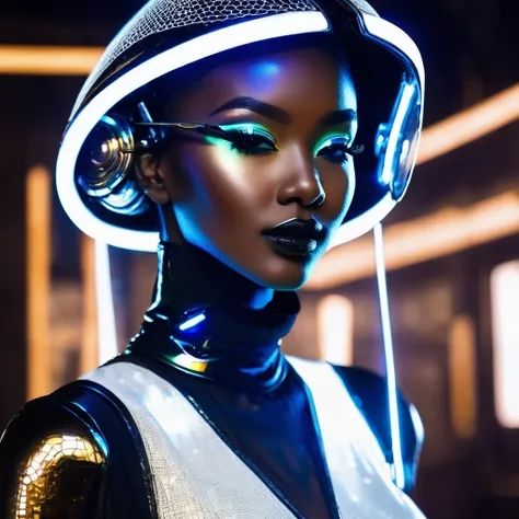 (Model with techno headgear)++, AfroFuturistic 3D hi-tech design, Nigerian and West African influences, retro air hostess look, mesh veil over eyes, android cybergirl, Blade Runner 2077 style, LED lights glowing, black and white undiscovered shiny material...