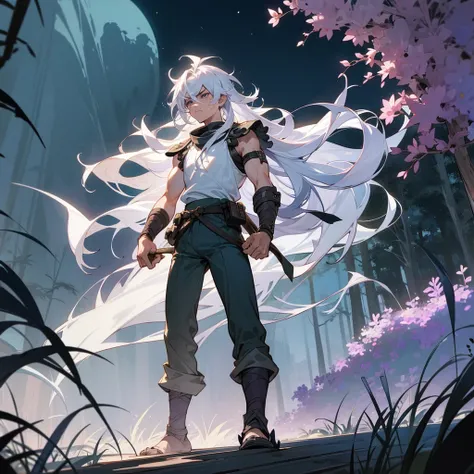 1male, muscular, young teen, finely detailed lavander eyes, wild long hair, messy hair, seashell white color hair, adventurer gear, sleeveless shirt, baggy combat pants, night time, dark forest, somber expression, angry, flowers, standing on path, lanturns...