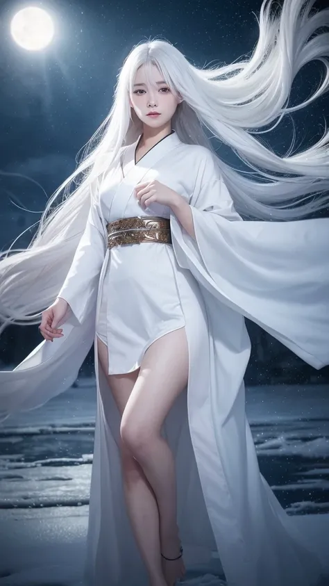 Delicate and dainty young woman with long glossy white hair. She is wearing a white only short thigh-baring kimono. The background is a fantastic and ethereal night sky with a heavy snowstorm. Her expression is stern and atmospheric.　Strong winds.