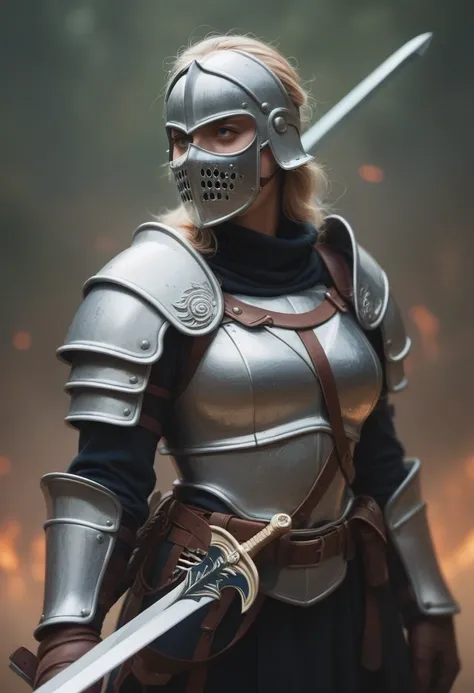 create a nordic warrior, Valkyrie, A SOLDIER, with a battle mask, she is fast, she has a sword, with light armor