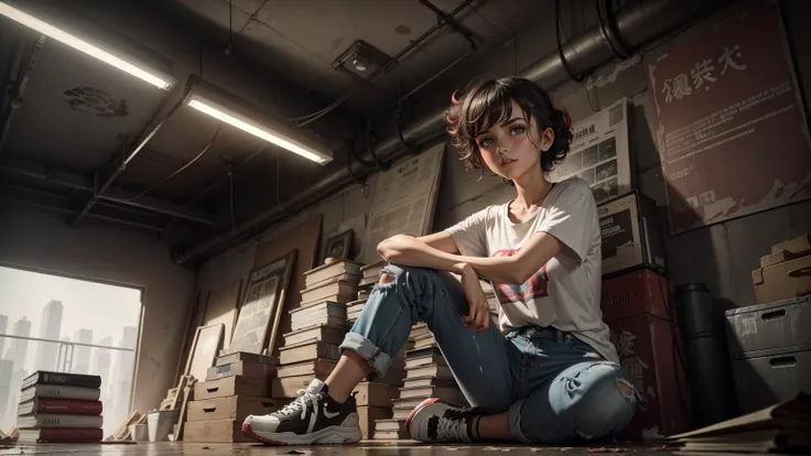 (Graffiti painting), (A beautiful charming girl sits cross-legged on a mountain of old newspapers in the basement), (She is wearing a white round neck shirt and jeans), young wild asian face, Slightly mixed face shape, (Slightly square chin: 0.4), Messy an...