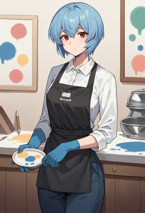 1girl, rei ayanami, ((((blue half elbow gloves)))), (white shirt), ((long sleeves)), (black apron), (pants), looking at viewer, standing, ((paints the walls)), solo 

