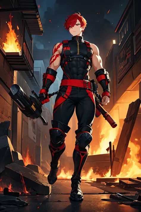 man, muscular, gay, short red hair, black skin, with scars, black sleeveless shirt, yellow flammable suit, black boots, arsonist