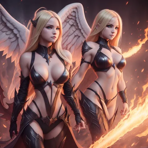 An incredible full shot of a female creature, Blonde,  incredibly cute appearance with an infernally evil soul, in the style of good and evil, angel demon stripcore, white witchcraft, background brightness, fumingcore, hyper realistic and hyper detailed, b...