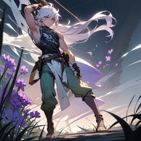 1male, muscular, young teen, finely detailed lavander eyes, wild long hair, messy hair, seashell white color hair, adventurer gear, sleeveless shirt, baggy combat pants, night time, dark forest, somber expression, angry, flowers, standing on path, lanturns...