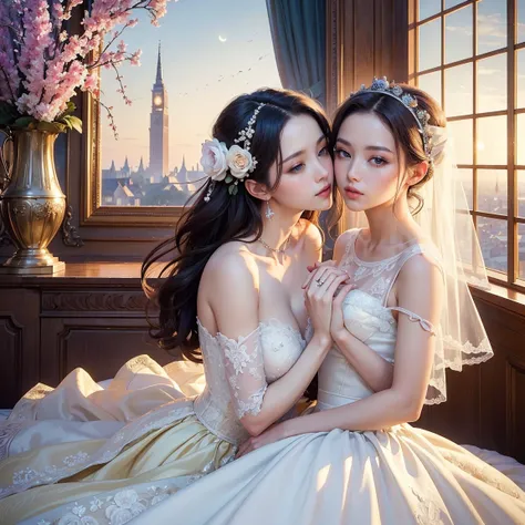 (masterpiece, highest quality, official art, beauty and aesthetic:1.5), perfect anatomy, perfect hands, two stunning bride is deeply in love with each other, kiss, romantic atmosphere, flower and moon, magnificent panorama view