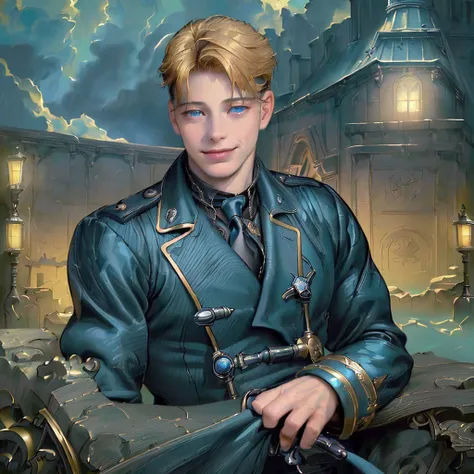 A handsome blonde teenage boy, (detailed face, beautiful blue eyes, long eyelashes, perfect skin:1.2), (smirking Captain Jack Harkness:1.3), highly detailed photorealistic town scenery, cinematic dramatic lighting, moody colors, (masterpiece,best quality,8...