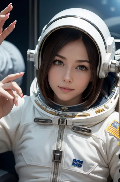 Woman astronaut doing fingernails 