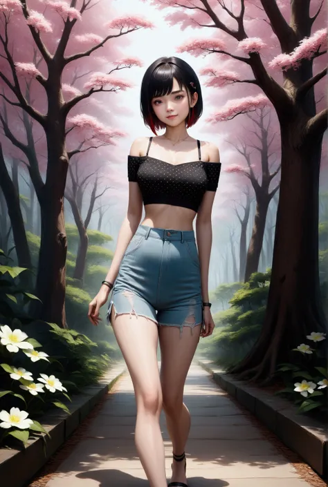 realistic anime illustration of beauty young short hair woman in front of tree, natural park scenery, (1girl, solo, full body), (masterpiece, best quality, Japanese anime style)