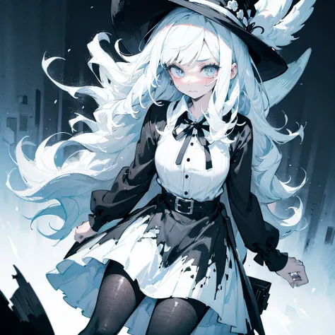  witch, in a black and white witch hat, in a black and white blouse, in a skirt, in torn tights and fluffy boots, with white hair and a cute face 