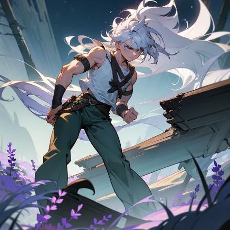 1male, muscular, young teen, finely detailed lavander eyes, wild long hair, messy hair, seashell white color hair, adventurer gear, sleeveless shirt, baggy combat pants, night time, dark forest, somber expression, angry, flowers, standing on path, lanturns...