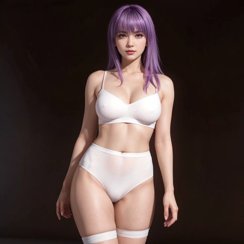 Ayane, Purple hair, (best quality, Ultra-detailed), (realistic:1.37), beautiful and detailed face, ultra-realistic texture, delicate face, delicate body, red lipstick, long-lasting colors. high definition, 8K.