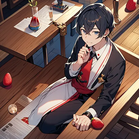 Anime guy with strawberries in glass on a stick in his hand, sits by the table, Jinyuan from Honkai Star Rail, Honkai Star Rail style, video game Honkai Star Rail , Honkai Star Rail, wine mechanism strive graphics, granblue fantasy, view from top left side...