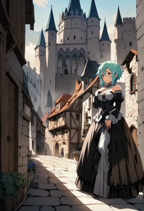 NSFW,masterpiece,Highest quality,High resolution,Very detailed,Sinon(Sword Art Online),(Gothic Lolita),dress,Medieval Europe,castle town