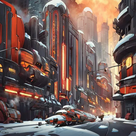 City, snow, black builds, based in wolfenstein game, airship on fire, retrofuturistic, robots diesel punk aesthetic in the streets, caos, art deco, destruction, soldiers running, caos, 40s aesthetic, surronded by a giant steel wall, neon red lights, comics...