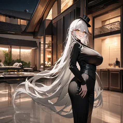 a woman wearing a black suit, white t-shirt, women's black pants, wearing a black top hat, big breasts, tie, white hair, long ha...