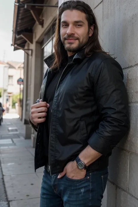 Tall 1.85 metres, English Male, 38 years old, muscular, thin, unshaved stubble beard, olive skin, tanned, handsome green eyes, deep sight, wavy long hair,  classy dressed casual badass, in black clothes smiling,  he wears a black jacket and jeans.