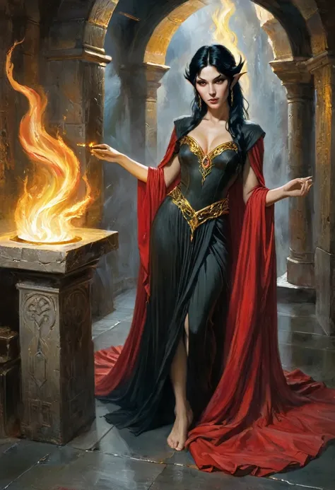 1 magician woman, expressive black eyes, elf ear, black hair, dressed in a red drape, barefoot , a gold artefact in one hand and using his fire magic in the other, full length portrait , mystical dungeon interior atmosphere in background, detail richness, ...