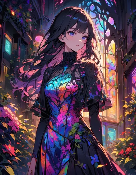 A beautiful anime girl in the style of Shoujo manga, stained glass dress, black background, vibrant colors, night time, cyberpunk, flowers and vines everwhere, neon lights glowing through all the plants and foliage --ar 71:128 --s 750 --niji 6 --style raw