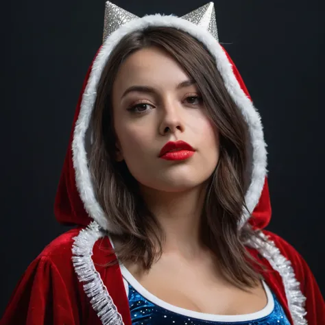 ((extreme detail)),(ultra-detailed), extremely detailed CG unity 8k wallpaper, velvet, figurine, red hood, crop top, star headdress, puffy sleeves, lips, looking away, close-up, head turn, black background