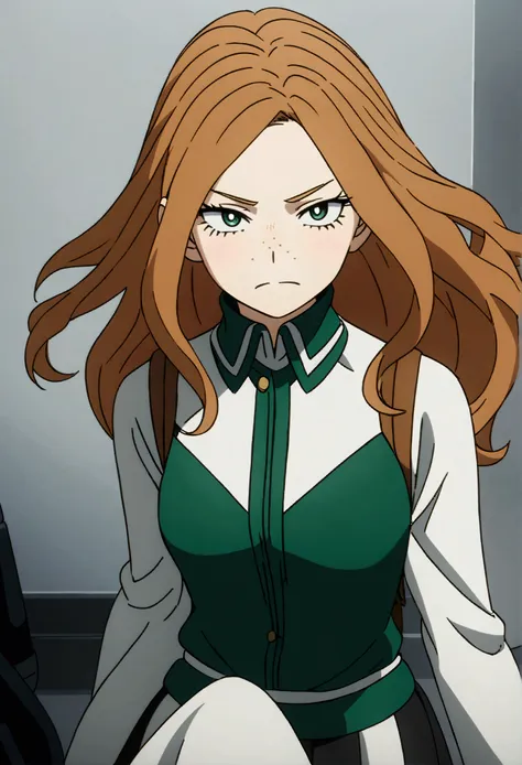 She is a 15 year old teenager, (whole body ), she has slightly disheveled long ginger hair, light brown eyes, with some freckles on the nose area  , fit body , anime art slyle my hero academy , , sexy face , she is dressed in the anime female uniform "my h...