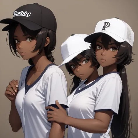 1 girl, One, dark skin, dark-skinned woman, upper body, baseball cap, T-shirt, tomboy