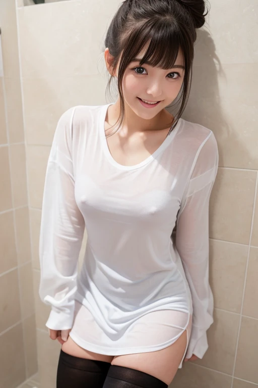 high quality, detailed,lots of water droplets on her body.(at night:2.0),blue eyes.she is 16 years old japanese gal,standing prostitute,in the shower room,she has a mole under her eye,breasts,(wearing long sleeve white oversized t-shirt dress,very very wet...