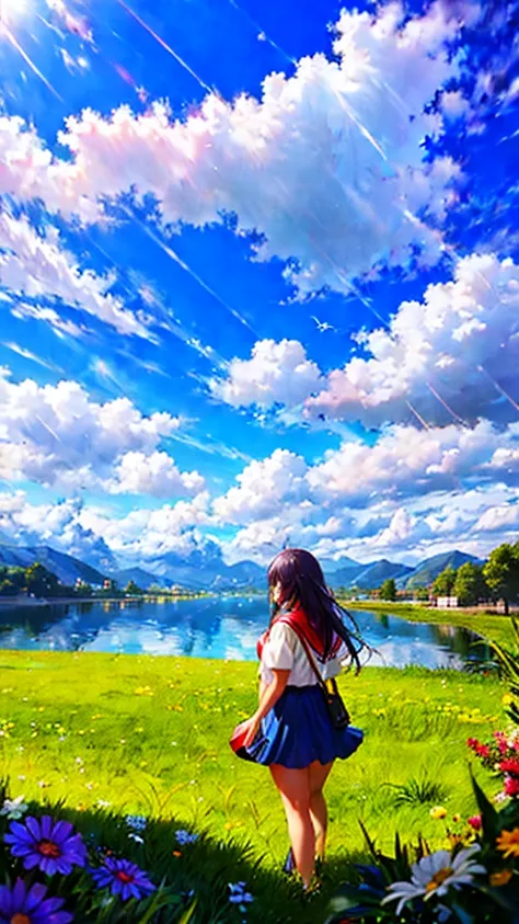 anime, anime landscape, woman watching the clouds, in the grassland, creative, realist, white cloud, blue sky, wonderful landsca...