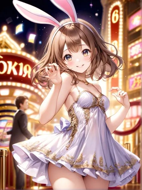 (Highest quality, 8k, 32K, masterpiece, Ultra-high resolution,:1.2),to be born, One Girl,So cute , Casino-like fantasy background, clear, Shining Eyes, Age 25 ,Fair skin, Brown-haired girl, Fantasy Clothing, Hair, An innocent smile, Small Dress, night, Bun...