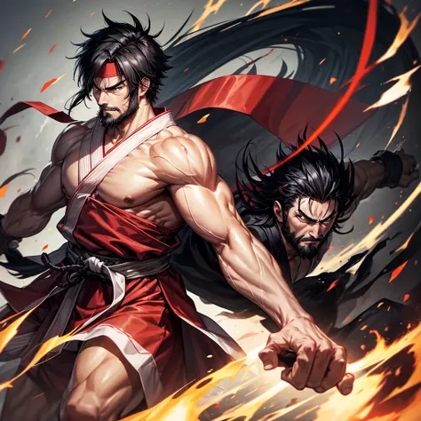 Angry man, Japanese, Cao Cao, brawny, short straight black spiky hair, wearing a red headband, wearing a white karate gi, black karate belt around the waist, face with short beard , five fingers and only 2 arms 