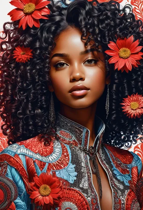 offcial art, unity wallpaper 8k, very detailled, beautiful and gorgeous, work of art, best qualityer, (zentangle, mandala, tangle, entangle), (Fractal Art:1.3) , 1 black girl, curly hair, FLOWER RED,  very detailled, dynamic angle, cowboy shot, The most be...