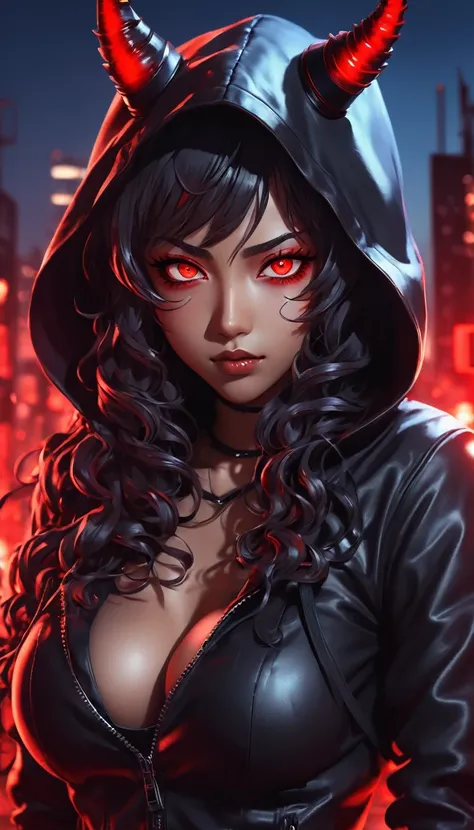 a woman of African descent with long curly hair and red eyes wearing a black leather hood, anime foda 8k, 4K anime-style, com eerie glowing red eyes, com eerie glowing red eyes, 4k anime wallpaper, 4k anime wallpaper, 4k anime wallpaper, 4k anime art wallp...