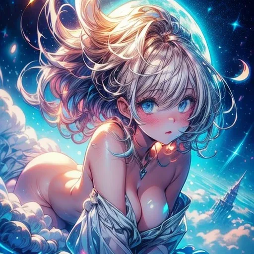 a beautiful 20 year old blonde woman with big messy hair, laying on a fluffy cloud in the sky, fluffy clouds cover her nude body, full body, with glowing moon and twinkling stars, with a small cityscape below, fantasy art style, rossdraws cartoon vibrant ,...