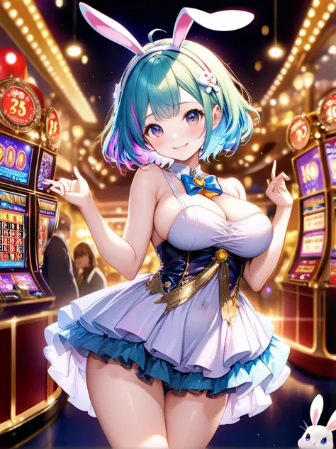 (Highest quality, 8k, 32K, masterpiece, Ultra-high resolution,:1.2),to be born, One Girl,So cute , Casino-like fantasy background, clear, Shining Eyes, Age 25 ,Fair skin, Girl with colorful hair, Fantasy Clothing, Short Hair, An innocent smile, Small Dress...