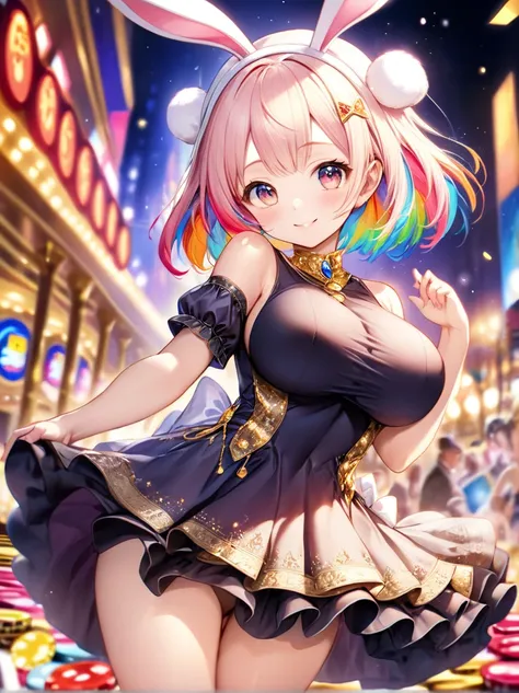 (Highest quality, 8k, 32K, masterpiece, Ultra-high resolution,:1.2),to be born, One Girl,So cute , Casino-like fantasy background, clear, Shining Eyes, Age 25 ,Fair skin, Girl with colorful hair, Fantasy Clothing, Short Hair, An innocent smile, Small Dress...