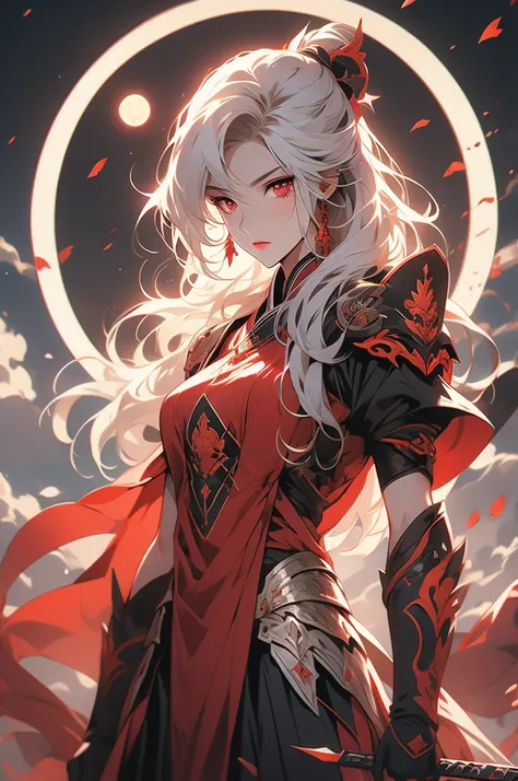 1girl, knight, white hair, red eyes, red moon, blood, long sword