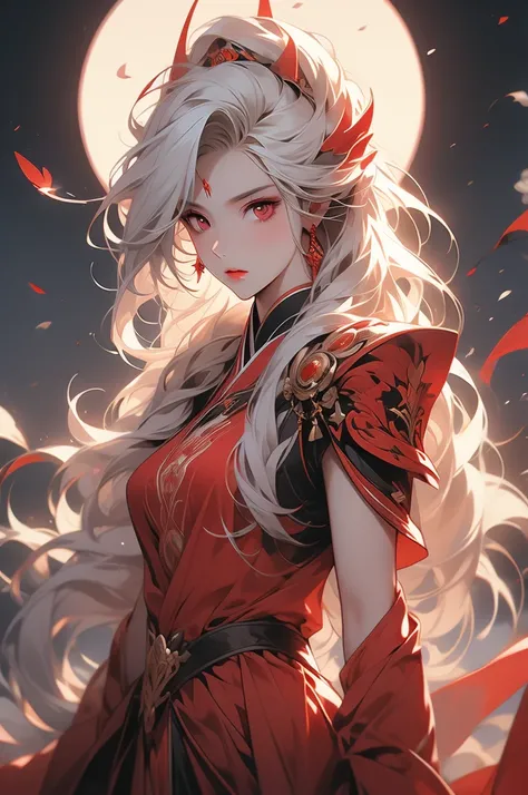 1girl, knight, white hair, red eyes, red moon, blood, long sword