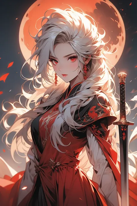 1girl, knight, white hair, red eyes, red moon, blood, long sword