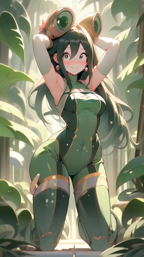 ((Masterpiece artwork, best qualityer)), Tsuyu Asui, beautfull woman, detailed outfit, high qualiy, showing armpits and pussy,detailed hands, beautiful  face, skin fair, female body, Proportionate Body, Body cute, showing tonge, full body, forest backgroun...