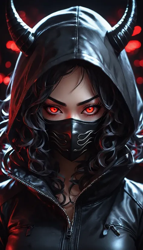 a woman of African descent with long curly hair and red eyes wearing a black leather hood, wearing an oni mask, anime foda 8k, 4K anime-style, com eerie glowing red eyes, com eerie glowing red eyes, 4k anime wallpaper, 4k anime wallpaper, 4k anime wallpape...