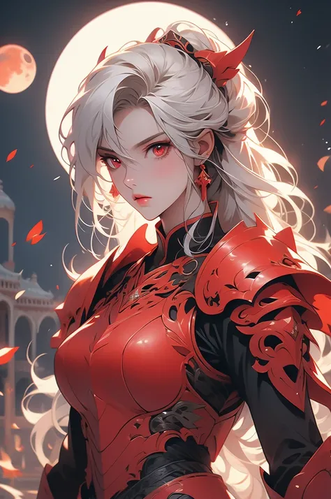 1girl, knight, white hair, red eyes, red moon, blood, long sword, plate armor