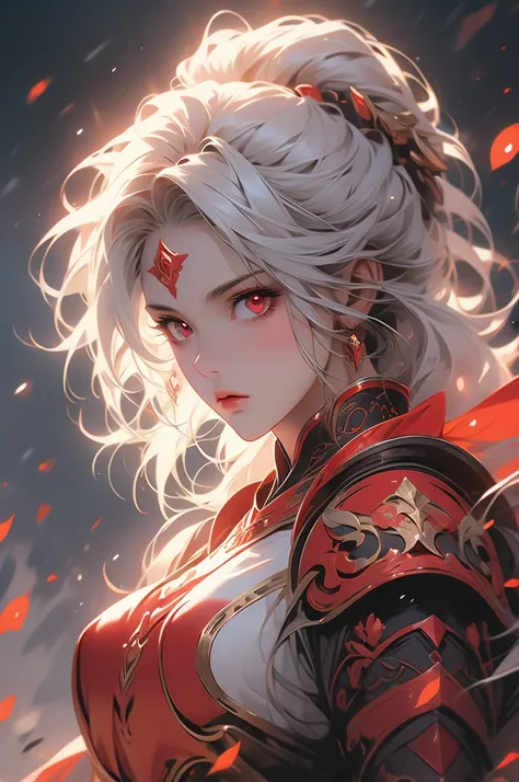 1girl, knight, white hair, red eyes, red moon, blood, long sword, plate armor