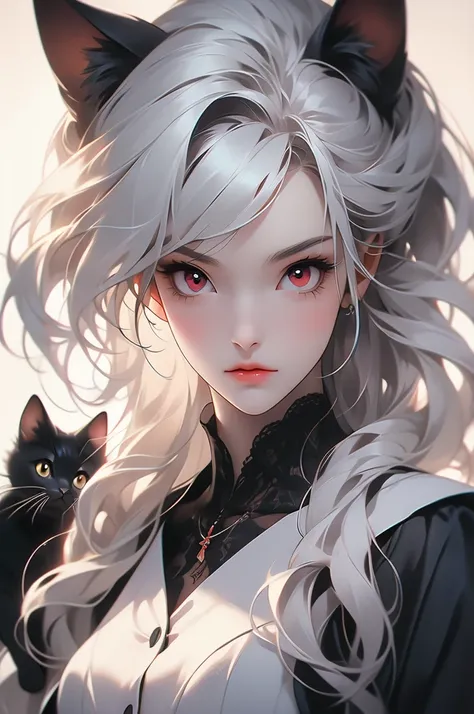 1girl, white hair, red eyes, slender, black cat suit